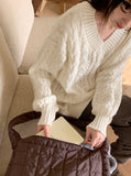 Length cable V-neck loose fit long long sleeve knit