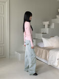 Washed Pocket Cargo Light Blue Long Wide Denim Pants