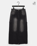 Mowell Black Washed Wide Cargo Denim Pants