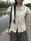 Lambs Button Collar Shirred Puff Blouse Shirt