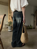 Deep blue washing wide denim