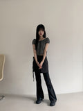 Kelle Ribbon Shirring Mesh Air Puff Crop Short Sleeve T-shirt