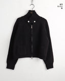 Linen button high neck pocket knit zip-up