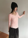 Atter strap deep V-neck slim ribbed crop long sleeve knit