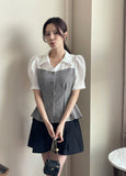 Sweet Seersucker Check Collar Puff Blouse