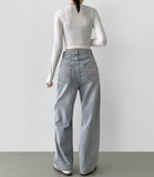 Pink Ribbon Embroidery Point Light Blue Wide Denim Pants