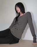 Edet Stripe Slim Off-Shoulder Long-Sleeved T-Shirt