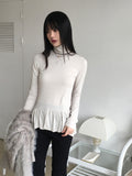 Hawk Frill Shirring Layered Brushed Turtleneck T-Shirt
