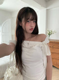 Zant Ribbon Knot Off-Shoulder Shirring T-Shirt