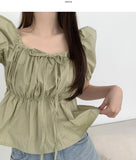 Summer Ribbon Puff Balloon Short Sleeve Flare Blouse