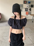 Minen Denim Off Shoulder Cropped Short Sleeve Blouse