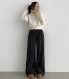 Hem Snap Corduroy Diagonal Cut Long Wide Banding Pants