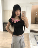 Mki Flower Slit Boat Neck Two-tone Short Sleeve T-shirt