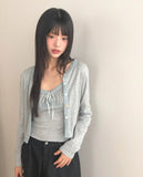 Sera Shirring Lace Ribbon Crop Long Sleeve Sleeveless Cardigan Set