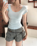 [1+1] Way Basic Slim U-Neck Short Sleeve