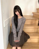 Moin wool V-neck loose button long sleeve knit