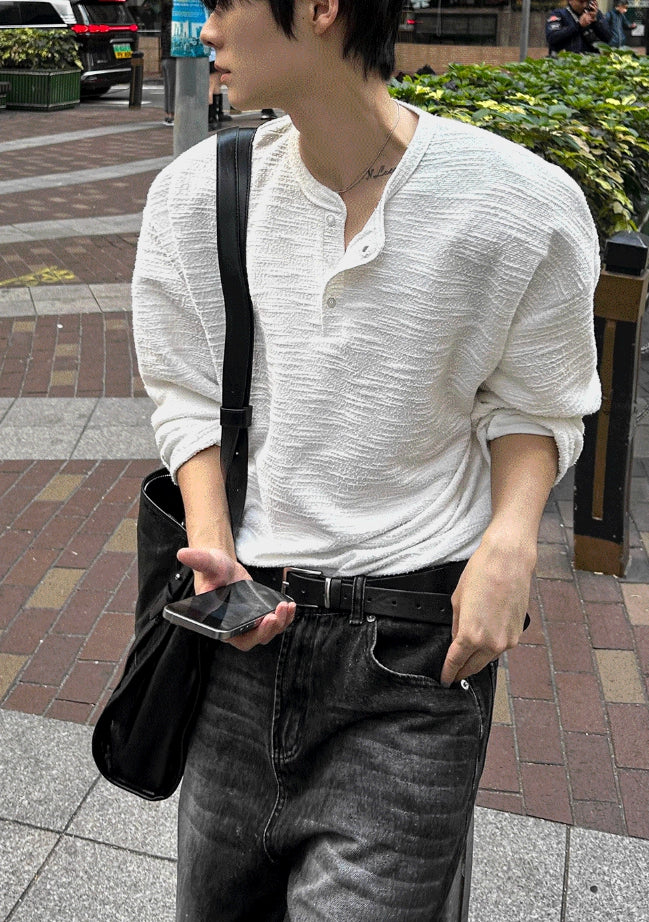 【COSYHARU】Tweed Henley Neck Long Sleeve Tee COSYHARU (コシハル) - ツイードヘンリーネック長袖Tシャツ
