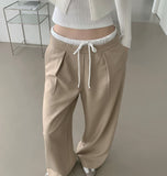 Color Matching Banding Side Zipper Pintuck Wide Slacks Pants