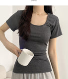 Deep U-neck Square Neck Slim Fit Short Sleeve T-Shirt