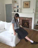 Pique Check V-Neck Shirring Puff Short Sleeve Blouse