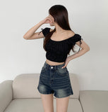 Lovely Hip Shoulder Ribbon Banding Off-shoulder Short Sleeve Blouse