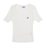 Drawing Smile Embroidery Crop Short Sleeve Knit