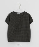Bukanne Wool Button Check Short Sleeve Blouse - Wool 50%