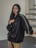 Track shirring leather hooded jacket