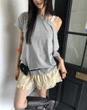 Therma Silver Studded Loose Fit Off Shoulder Short Sleeve T-Shirt