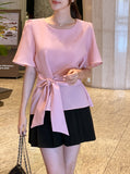 Eju Round Ribbon Strap Short Sleeve Blouse