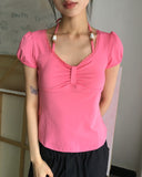Code Beads Ribbon Shirring Puff Short Sleeve T-Shirt