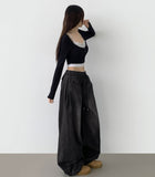 Folding Pin Tuck Hem Snap Balloon Fit Wide Fit Banding Denim Pants