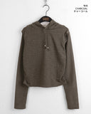 Muff shoulder slit ribbed color matching shirring crop long sleeve hood knit