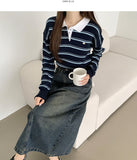 Color Matching Hem Banding Stripe Long Sleeve Knit