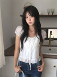 Neron Shirring Frill Ribbon Puff See-through Short Sleeve Blouse