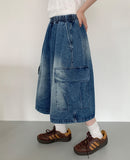 [unisex] Colds Banding Bermuda Big Cargo Denim Pants