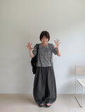 Igets Square Neck Check Short Sleeve Blouse