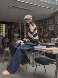 lettering denim wide banding pants