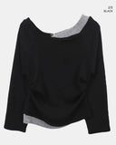 Royu Unbalanced Color Matching Shirring One-Off Shoulder Long Sleeve T-Shirt
