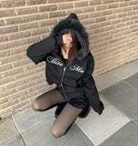 Brushed Two-Way Embroidered Lettering Loose Fit Fur Hood Zip-Up