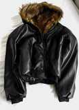 Zeoni Fur Trimming Hood Dark Black Leather Jumper