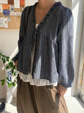 Slow-in Stripe Frill Ribbon Layered Blouse