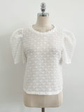 Bullet-Dot Wrinkle Jacquard Puff Sleeve Tee-Blouse