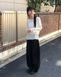 Ui punching ribbon strap round neck see-through long-sleeved knit