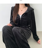 Embroidered Velvet Two-Way Crop Hood Zip-up Banding Wide Pants Two Piece Velor Set