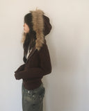 Penk Cable Fur Hood Slim Fit Two-Way Knit Zip-Up