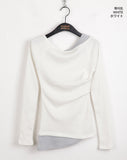 Chiss shirring layered diagonal off-shoulder long sleeve T-shirt