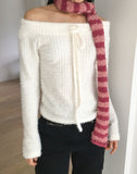 Riting Off Shoulder Ribbon String Angora Knit