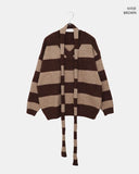 [Muffler SET] Phu Stripe Color Matching V-Neck Loose Fit Long Sleeve Long Knit