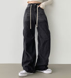 Knee Side Pin Tuck Balloon Waist Adjustment Wide Fit Denim Pants
